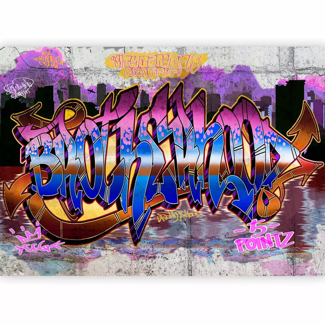 Fototapetes ar grafiti uzrakstiem uz sienas violetā krāsā, 64252  G-ART