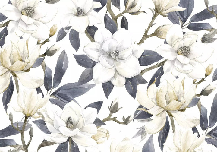 Fototapetes - Krāsainas magnolijas – ziedi ar lapām aukstos toņos G-ART