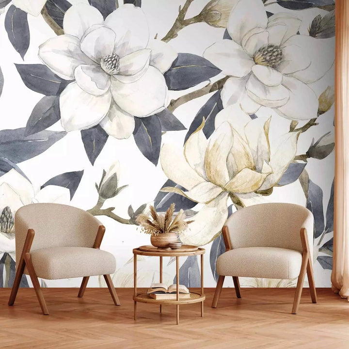 Fototapetes - Krāsainas magnolijas – ziedi ar lapām aukstos toņos G-ART