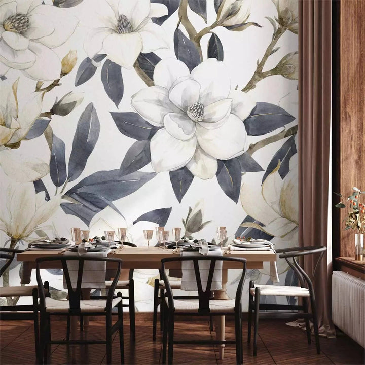 Fototapetes - Krāsainas magnolijas – ziedi ar lapām aukstos toņos G-ART