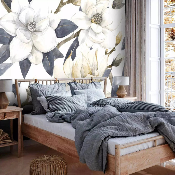 Fototapetes - Krāsainas magnolijas – ziedi ar lapām aukstos toņos G-ART