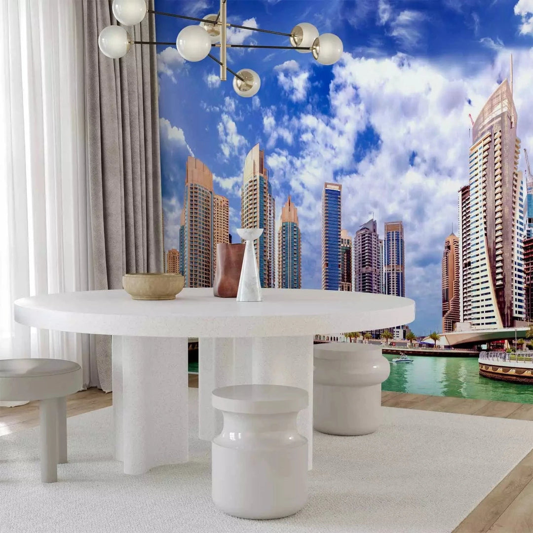 Fototapetes ar Dubaiju - moderni debesskrāpji un zila debess fona G-ART