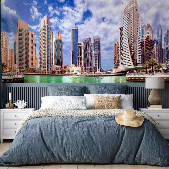 Fototapetes ar Dubaiju - moderni debesskrāpji un zila debess fona G-ART