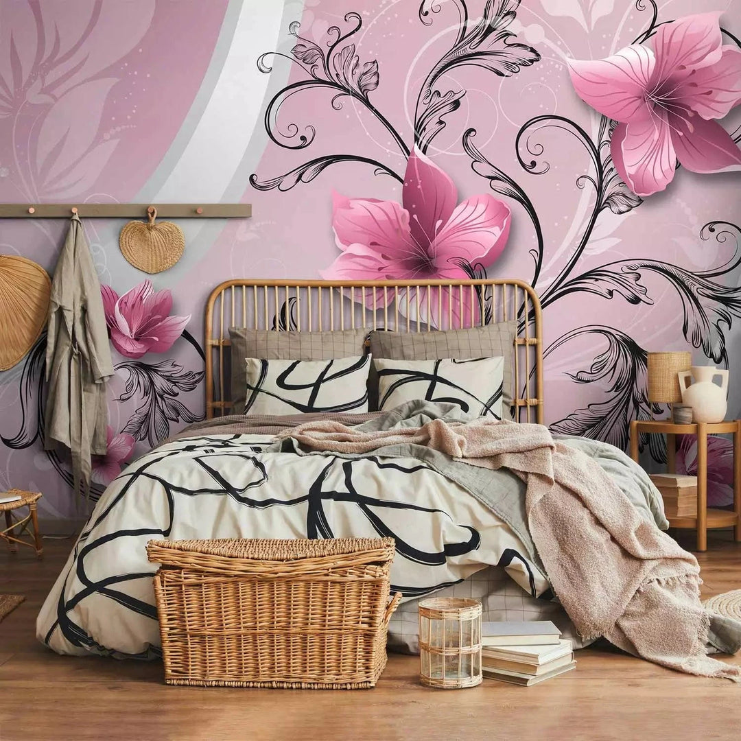 Fototapetes - Ziedu kompozīcija uz fona ar augu rakstiem, 60714 G-ART