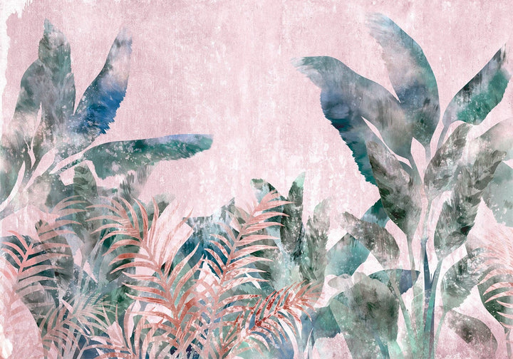 Fototapetes - Lapas džungļos - ziedošs augu motīvs uz rozā fona G-ART