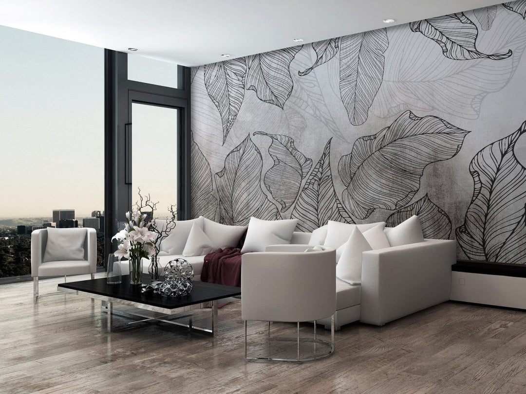 Fototapetes ar lapām - Lapu kontūras uz pelēkā fona, 148924 G-ART