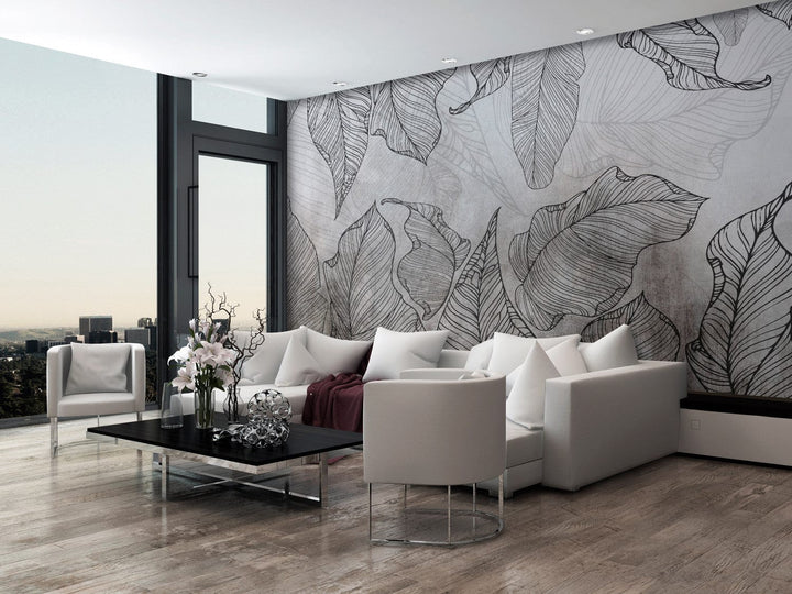 Fototapetes ar lapām - Lapu kontūras uz pelēkā fona, 148924 G-ART