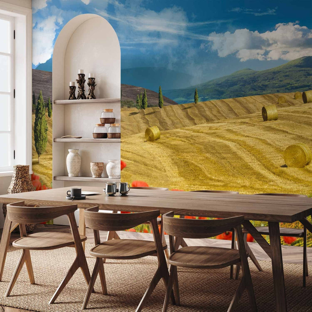 Fototapetes ar ainavu - Lauku ainava ar kokiem uz zelta pļavas - 59852 G-ART