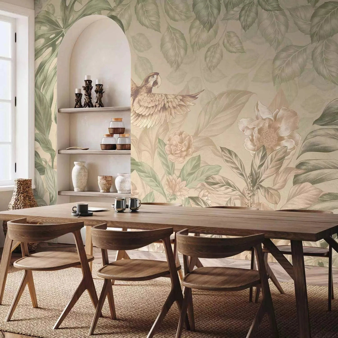 Fototapetes - lidojošs papagailis uz džungļu fona, krēmkrāsā/zaļā G-ART