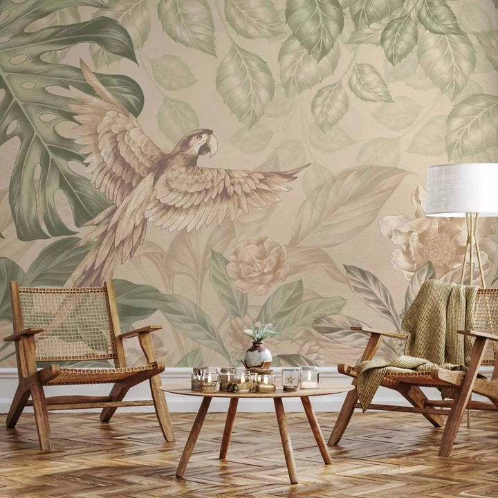 Fototapetes - lidojošs papagailis uz džungļu fona, krēmkrāsā/zaļā G-ART