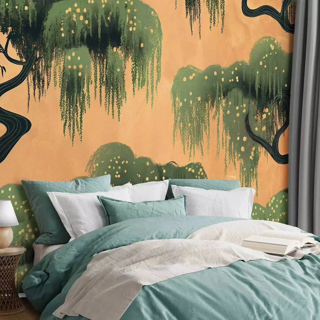 Fototapetes - Maģiskie koki - zari ar lapām uz zelta fona japāņu stilā G-ART