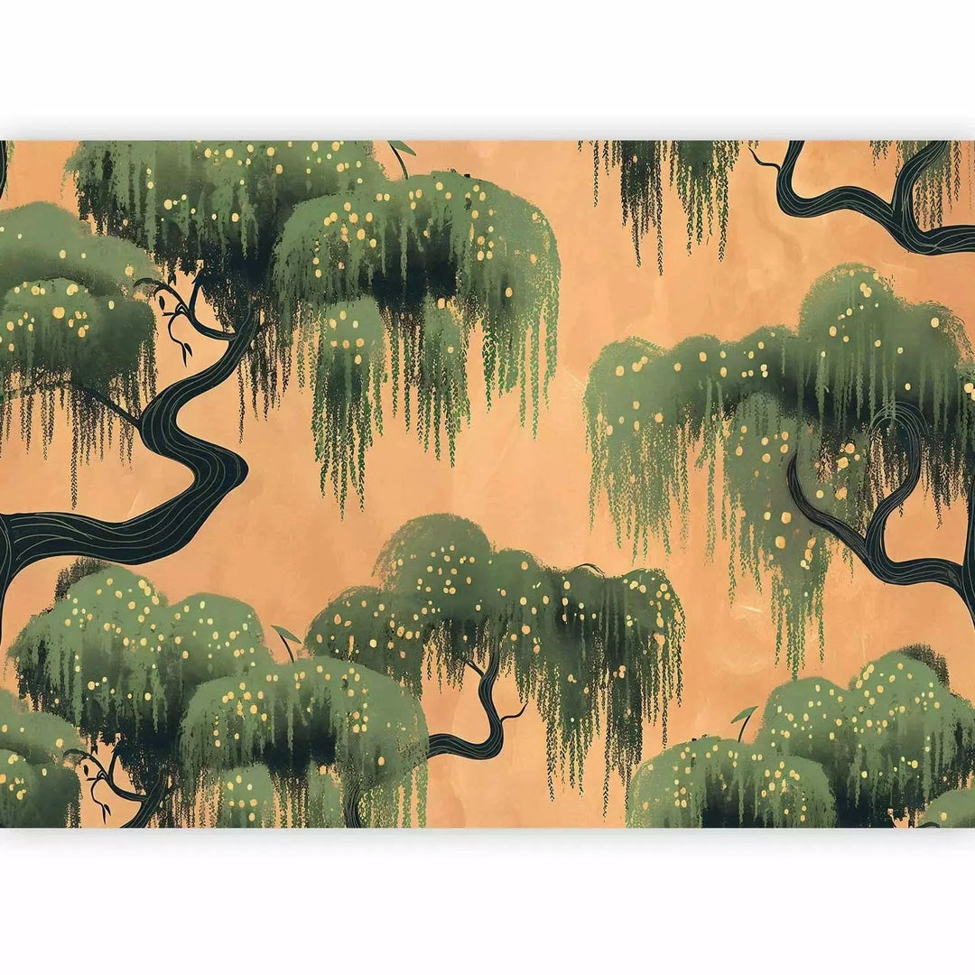 Fototapetes - Maģiskie koki - zari ar lapām uz zelta fona japāņu stilā G-ART