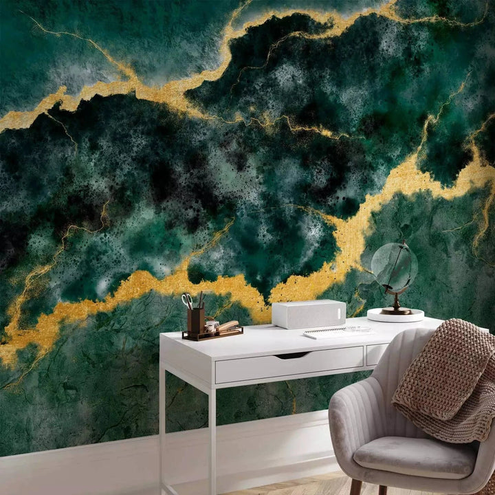 Fototapetes - Malahīta abstrakcija ar zelta elementiem - komfortam G-ART