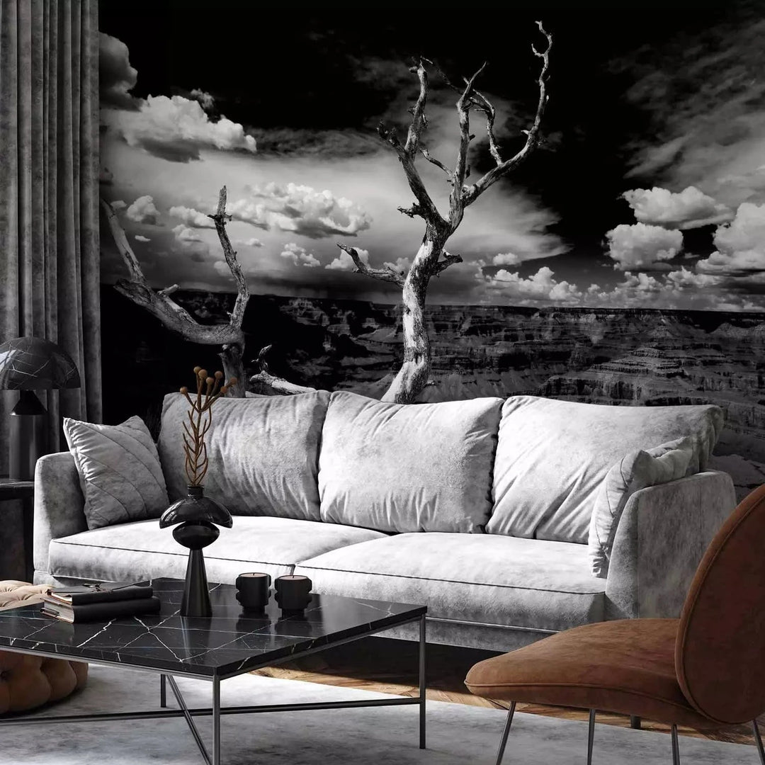 Fototapetes - Melnbalta ainava ar vienu koku centrā G-ART