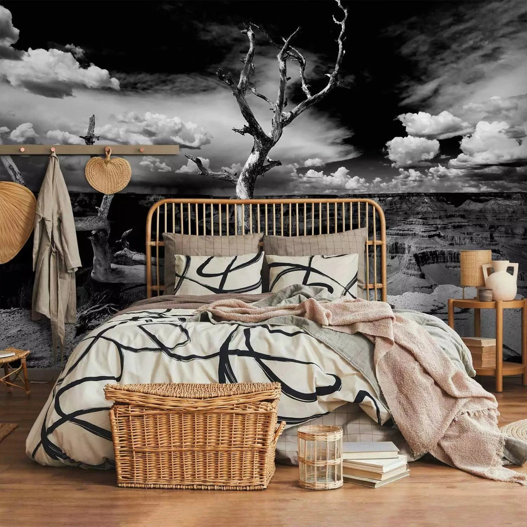 Fototapetes - Melnbalta ainava ar vienu koku centrā G-ART