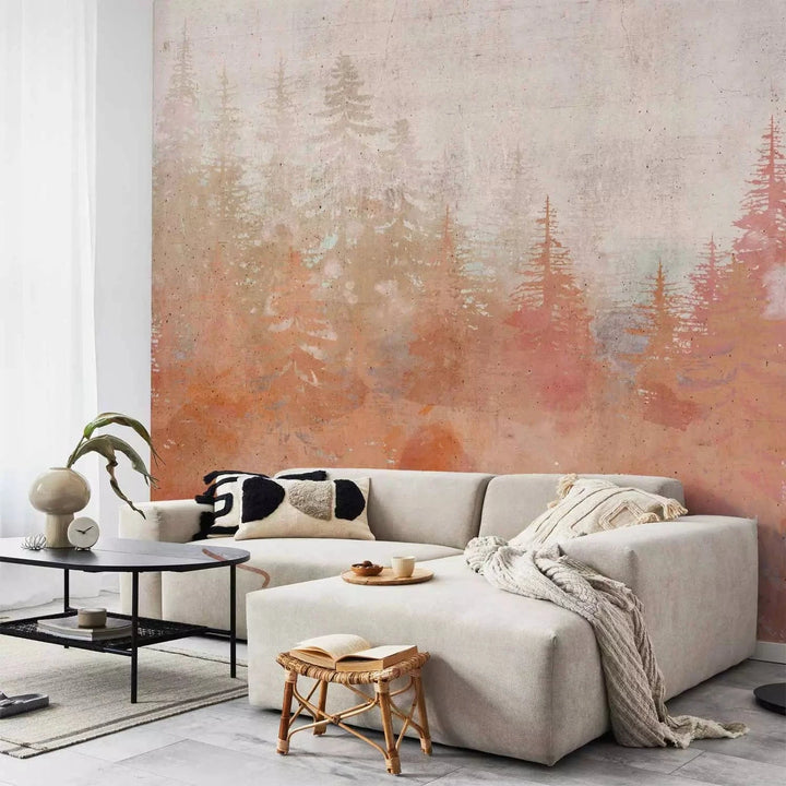 Fototapetes - Mežs saulrietā - meža koku ainava oranžos toņos G-ART