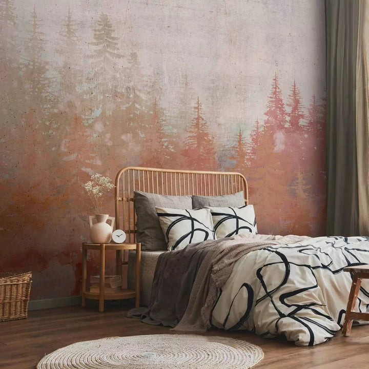 Fototapetes - Mežs saulrietā - meža koku ainava oranžos toņos G-ART