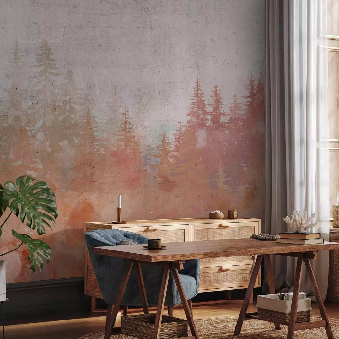 Fototapetes - Mežs saulrietā - meža koku ainava oranžos toņos G-ART