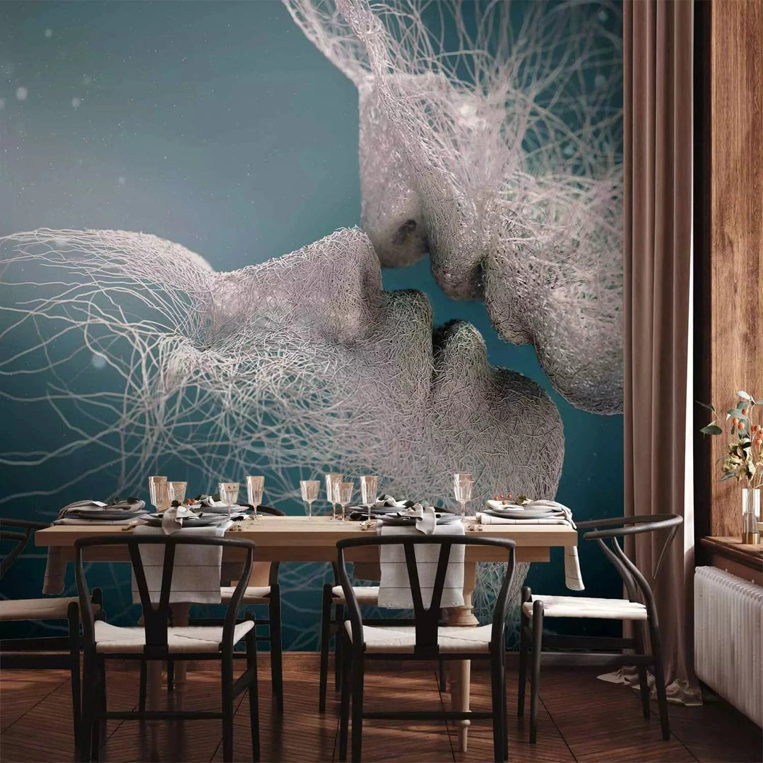 Fototapetes, Mīlestība, abstrakcija ar pāri, kas skūpstās uz zila fona G-ART