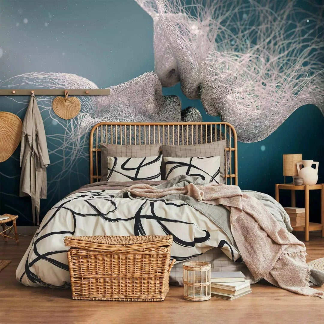 Fototapetes, Mīlestība, abstrakcija ar pāri, kas skūpstās uz zila fona G-ART