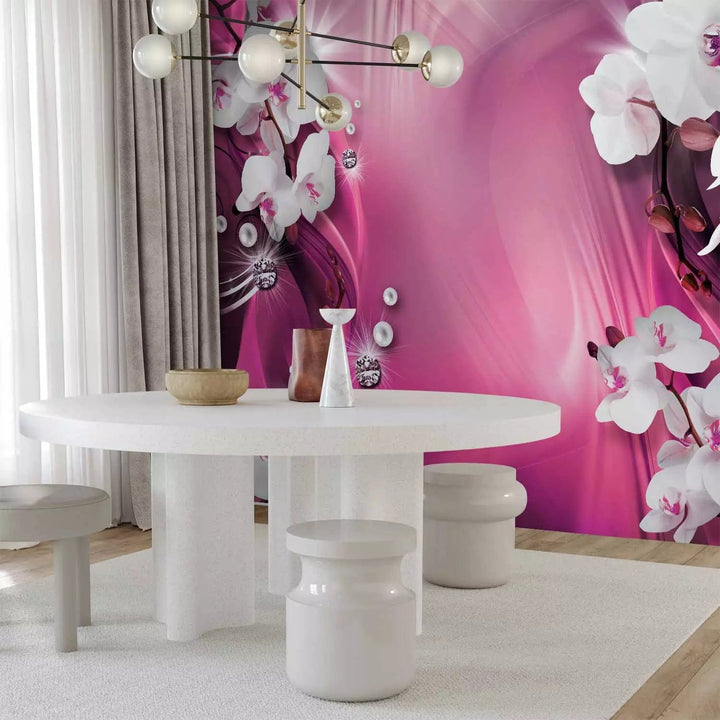 Fototapetes - baltas orhidejas un pērles uz rozā fona ar rakstiem  G-ART