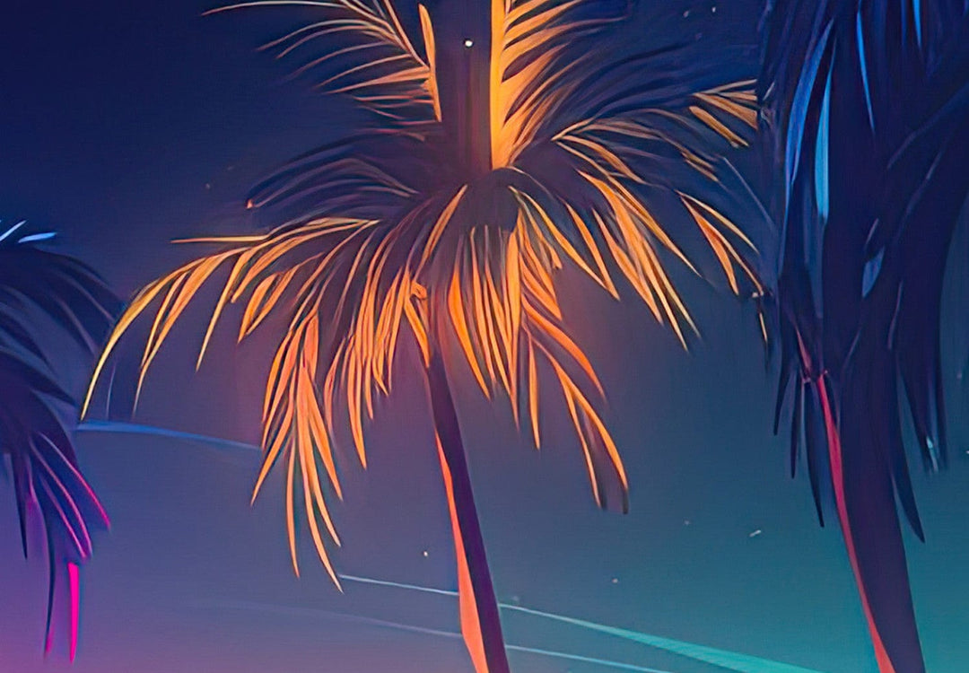 Fototapetes jauniešu istabai  - Okeāns un tropu palmas neona gaismās G-ART