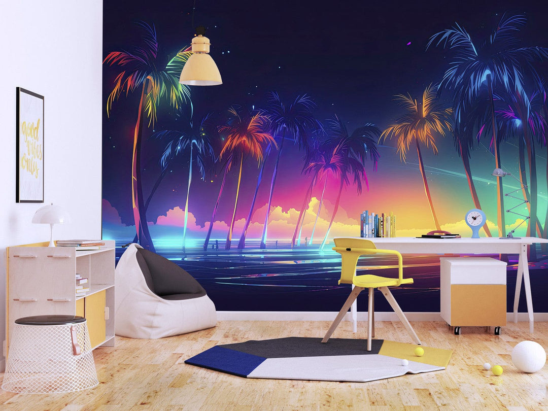 Fototapetes jauniešu istabai  - Okeāns un tropu palmas neona gaismās G-ART