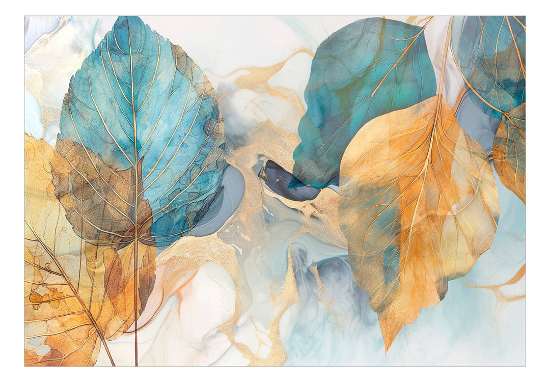 Fototapetes - Oranžas un tirkīza lapas uz miglaina fona - 151907 G-ART