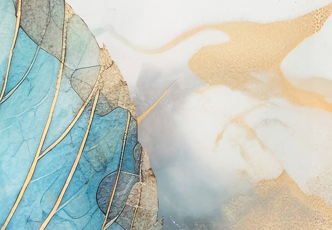 Fototapetes - Oranžas un tirkīza lapas uz miglaina fona - 151907 G-ART