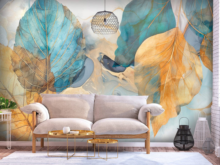 Fototapetes - Oranžas un tirkīza lapas uz miglaina fona - 151907 G-ART