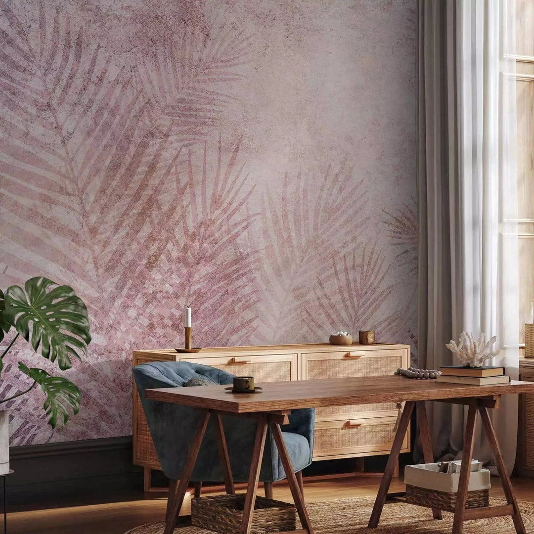 Fototapetes - Palmu lapas rozā krāsā - košs akcents uz sienas G-ART