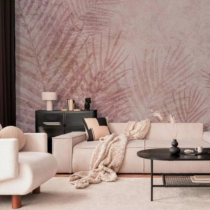 Fototapetes - Palmu lapas rozā krāsā - košs akcents uz sienas G-ART