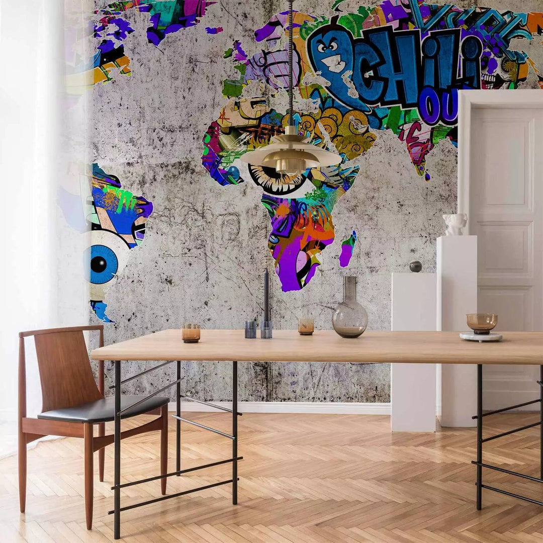 Fototapetes - grafiti stila pasaules karte uz pelēka betona fona G-ART