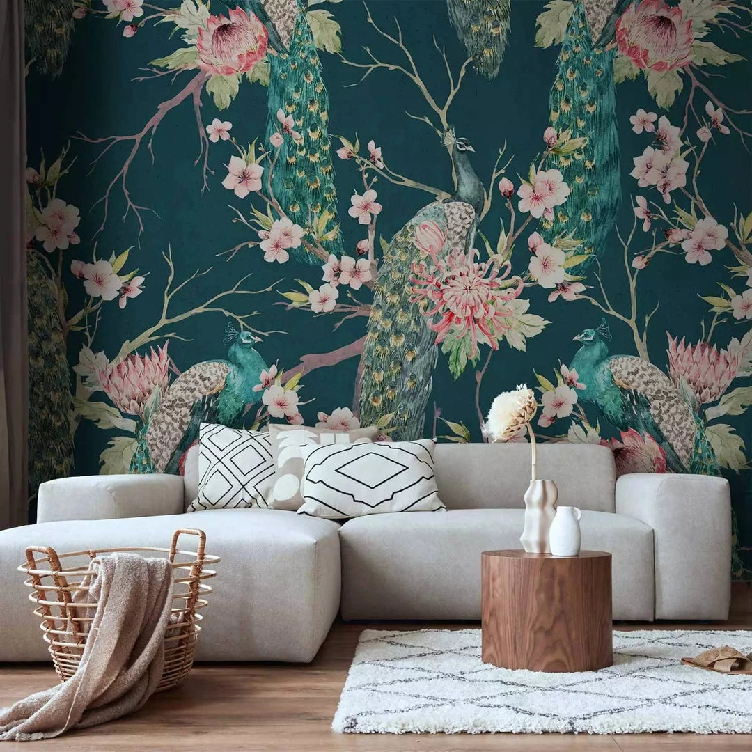 Fototapetes - Pāvs - putnu motīvs zilā/tirkīzā krāsā - austrumu stils G-ART