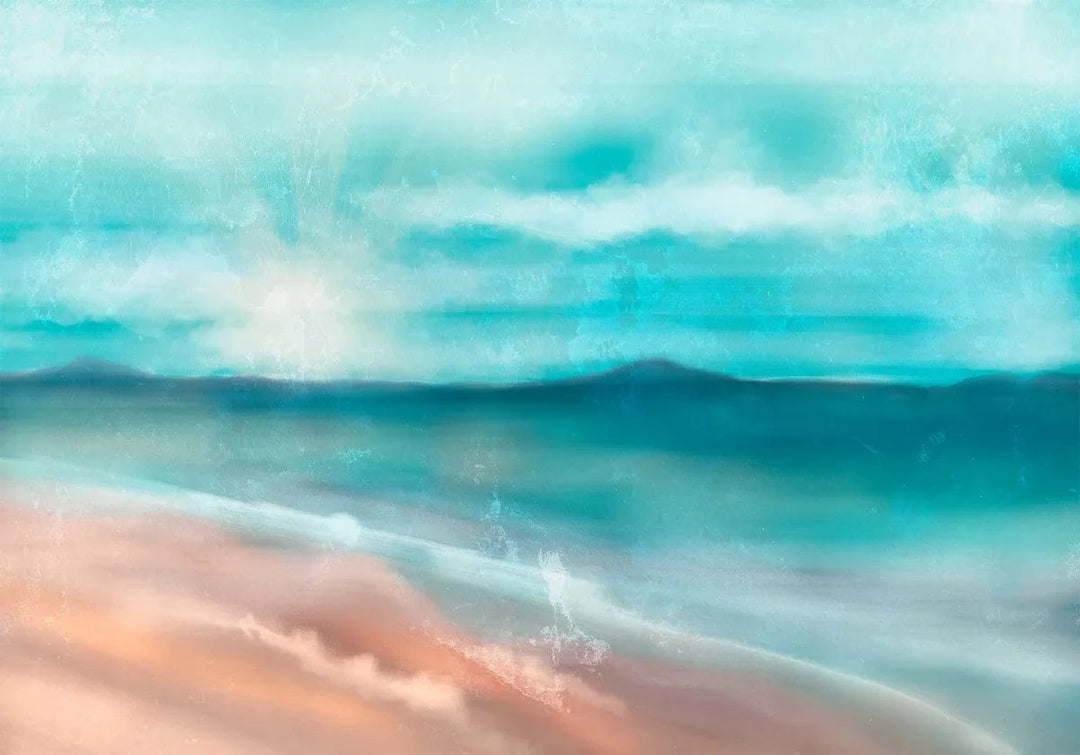 Fototapetes - Piejūras ainava – smilšaina pludmale ar jūru un kalniem  G-ART