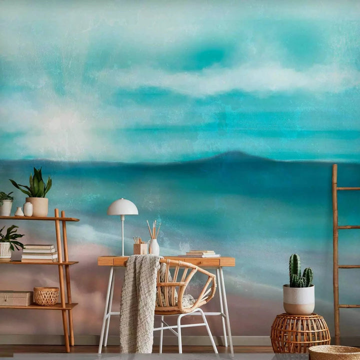 Fototapetes - Piejūras ainava – smilšaina pludmale ar jūru un kalniem  G-ART