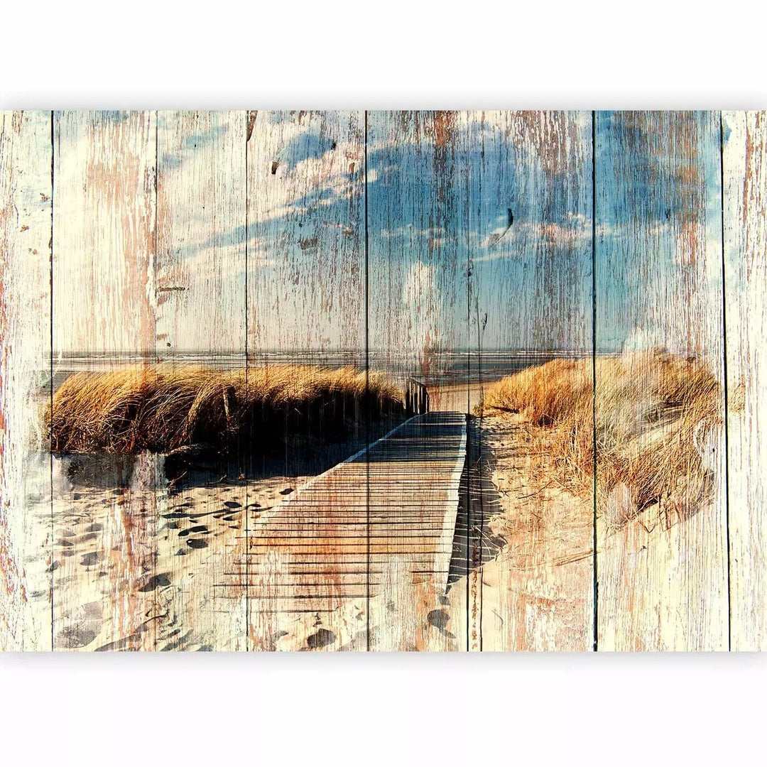 Fototapetes - pludmale un jūras motīvs uz koka fona G-ART