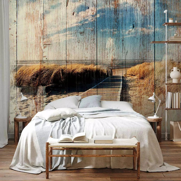 Fototapetes - pludmale un jūras motīvs uz koka fona G-ART