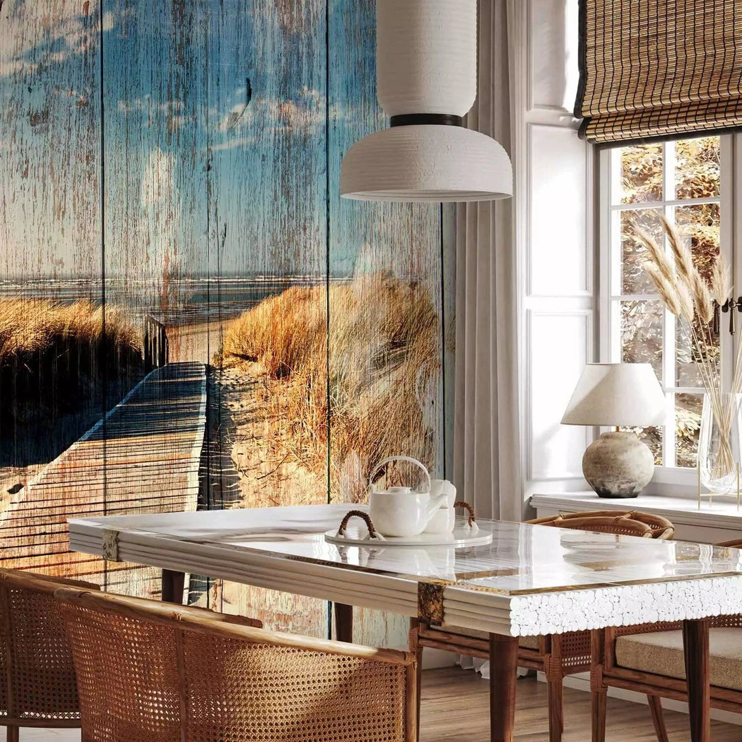 Fototapetes - pludmale un jūras motīvs uz koka fona G-ART