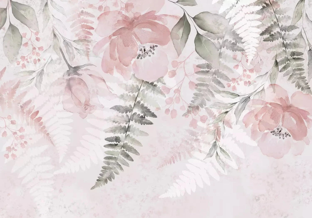 Fototapetes - Rozā melanholija – ziedu un lapu motīvs akvareļa stilā G-ART