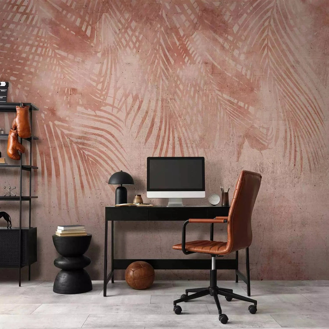 Fototapetes - Rozā palmas - minimalistisks tropu motīvs ar lapām G-ART