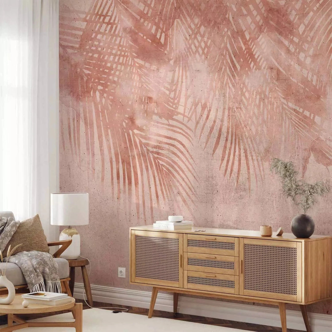 Fototapetes - Rozā palmas - minimalistisks tropu motīvs ar lapām G-ART