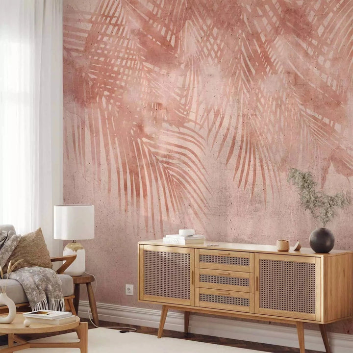 Fototapetes - Rozā palmas - minimalistisks tropu motīvs ar lapām G-ART