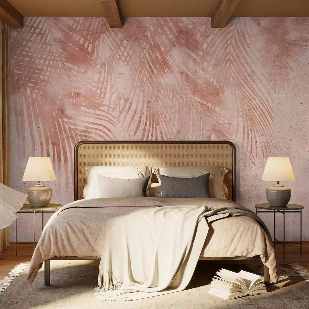 Fototapetes - Rozā palmas - minimalistisks tropu motīvs ar lapām G-ART