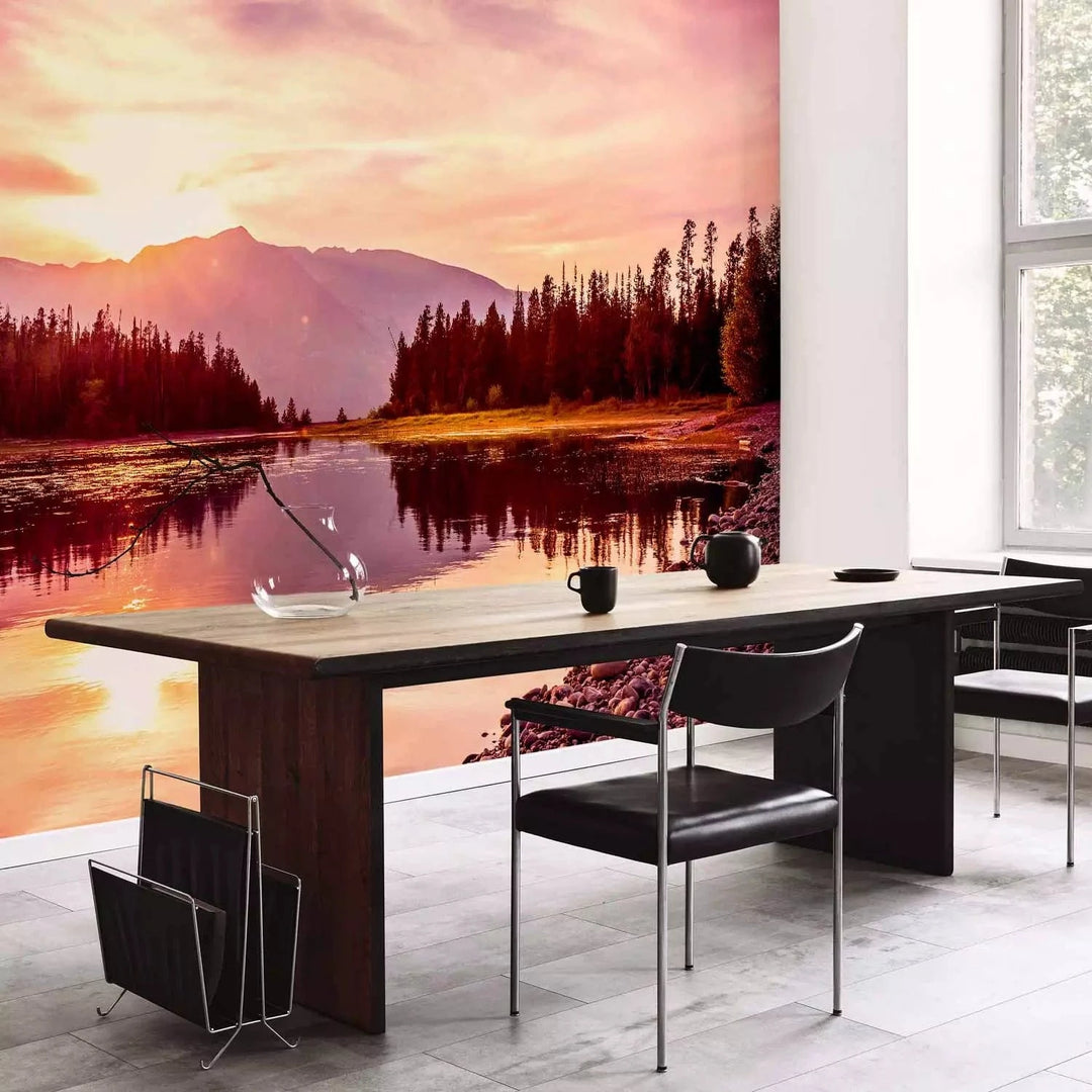 Fototapetes - Rudens ainava ar saulrietu - kalnu ainava ar ezeru G-ART