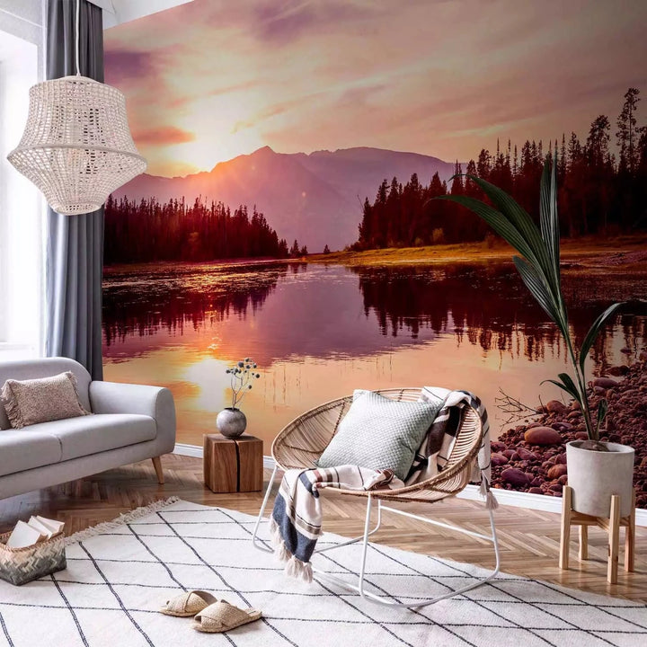 Fototapetes - Rudens ainava ar saulrietu - kalnu ainava ar ezeru G-ART