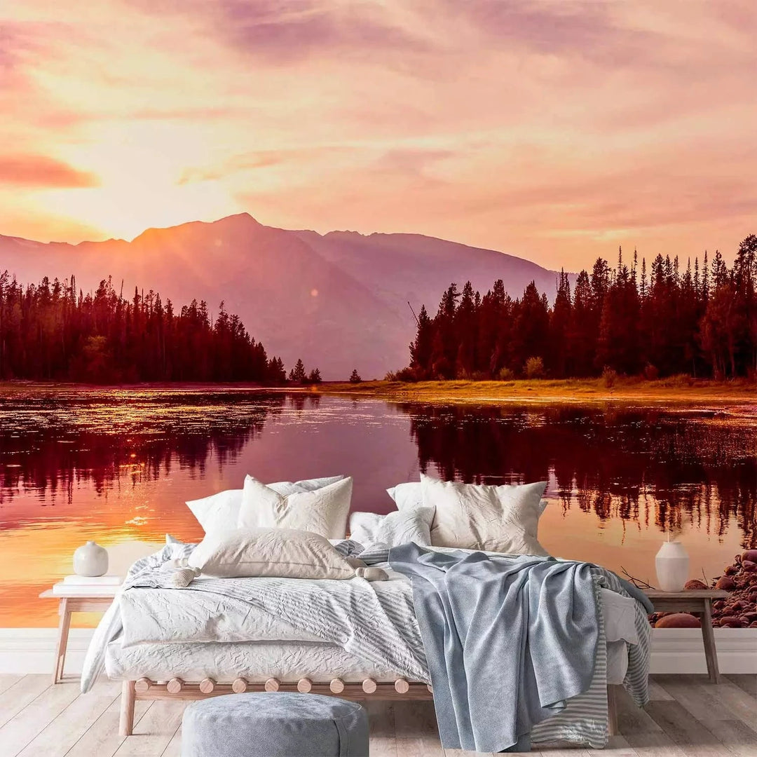 Fototapetes - Rudens ainava ar saulrietu - kalnu ainava ar ezeru G-ART