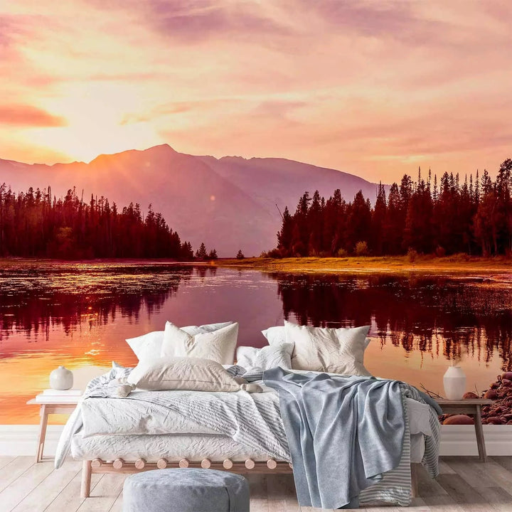 Fototapetes - Rudens ainava ar saulrietu - kalnu ainava ar ezeru G-ART