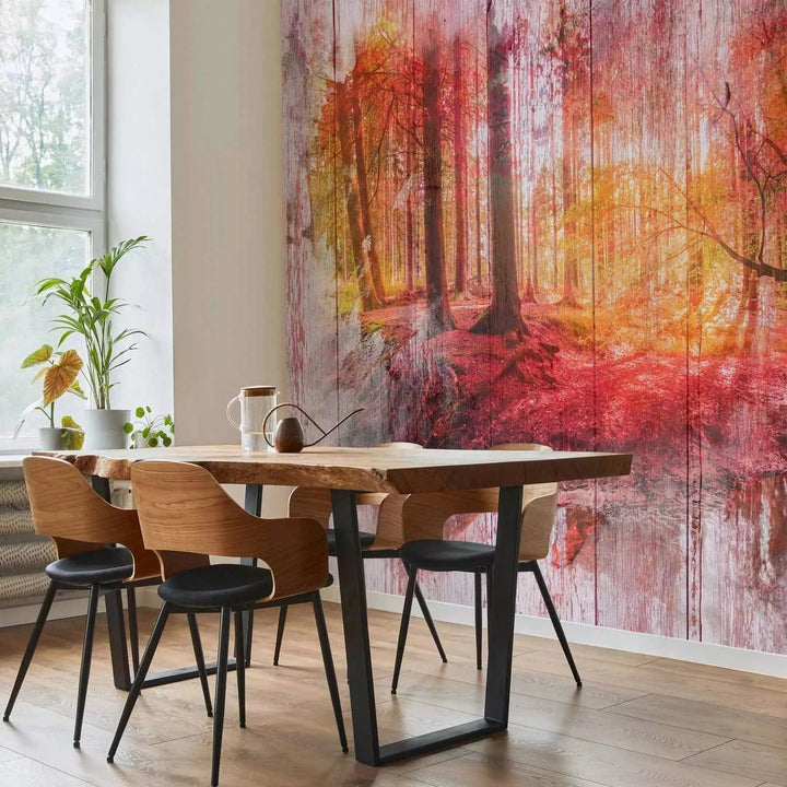 Fototapetes - abstrakcija ar rudens mežu un kokiem, oranžā krāsā G-ART
