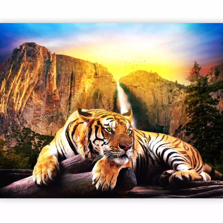 Fototapetes - skaists tīģeris guļ uz klintīm pie ūdenskrituma G-ART